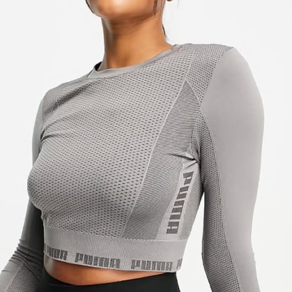 Puma evoKNIT seamless long sleeve crop top in khaki